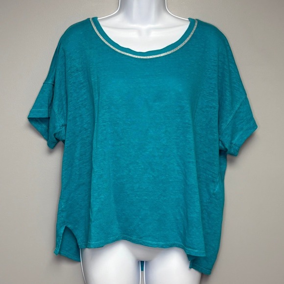 Chico's Tops - Chico's 100% Linen Oversized Beachy Resortwear Turquoise Metallic Trim Top Sz XL